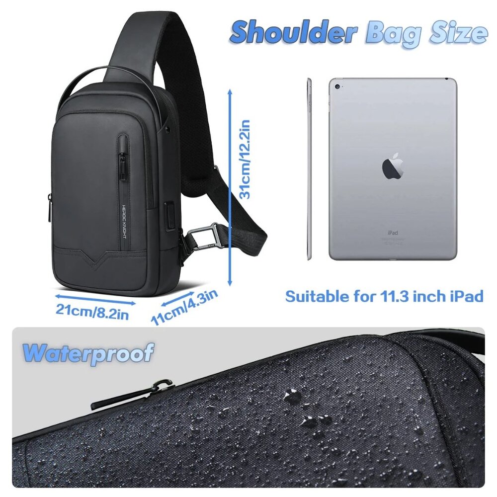 Heroic Knight Anti-Theft Crossbody Sling Bag USB Travel Backpack | Black | NWT - Picture 3 of 6